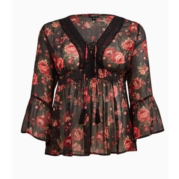 Torrid Top Blouse Black SemiSheer Red Rose Babydoll Chiffon Floral Size 0 L NWT - Picture 2 of 7